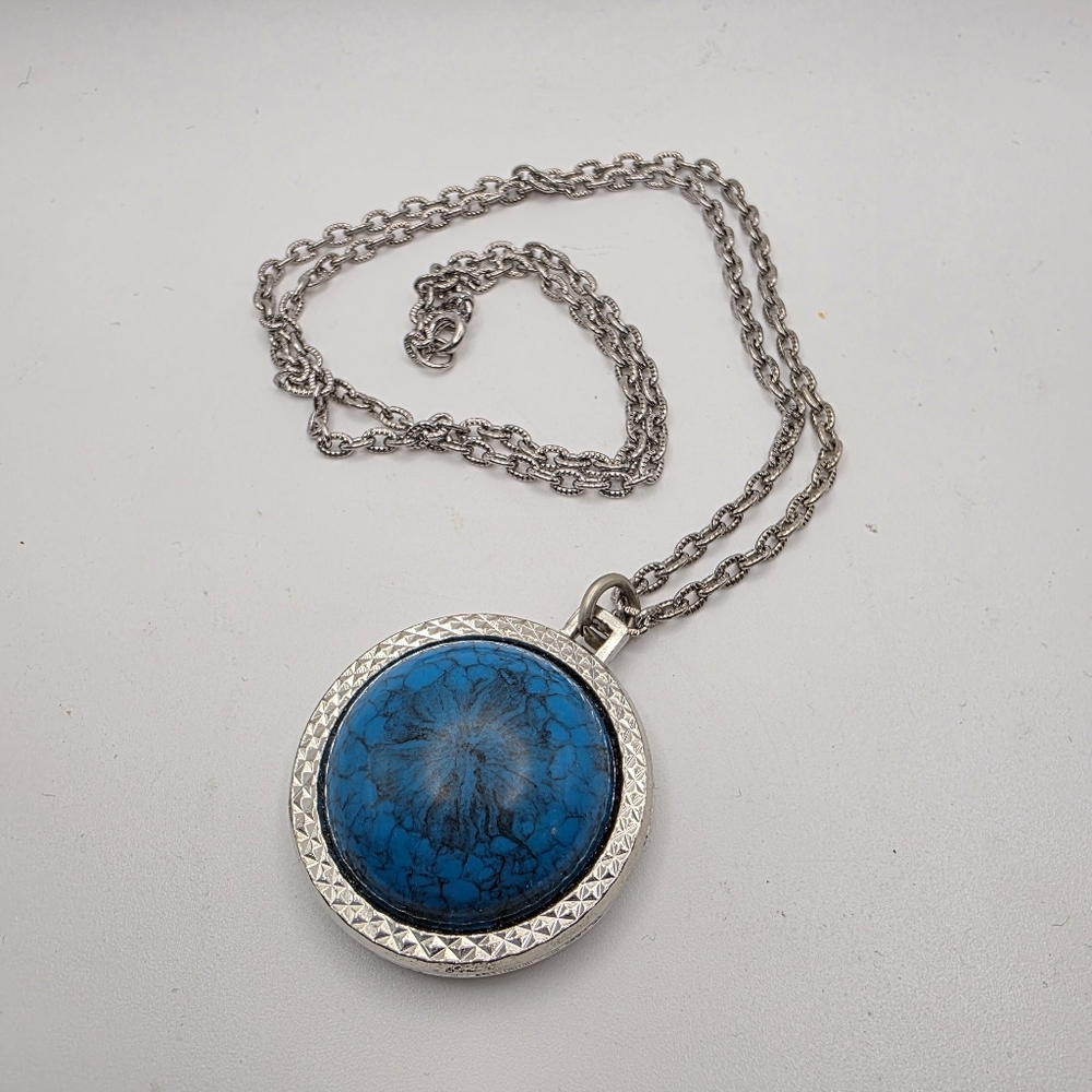 Vintage faux turquoise and faux Indian head coin reversible necklace silver tone